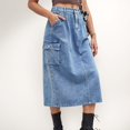 thumbnail image 3 of Women's Utility Midi Skirt with Side Cargo Pockets Button Waistband and Belt Loops - Large, Blue, 3 of 7