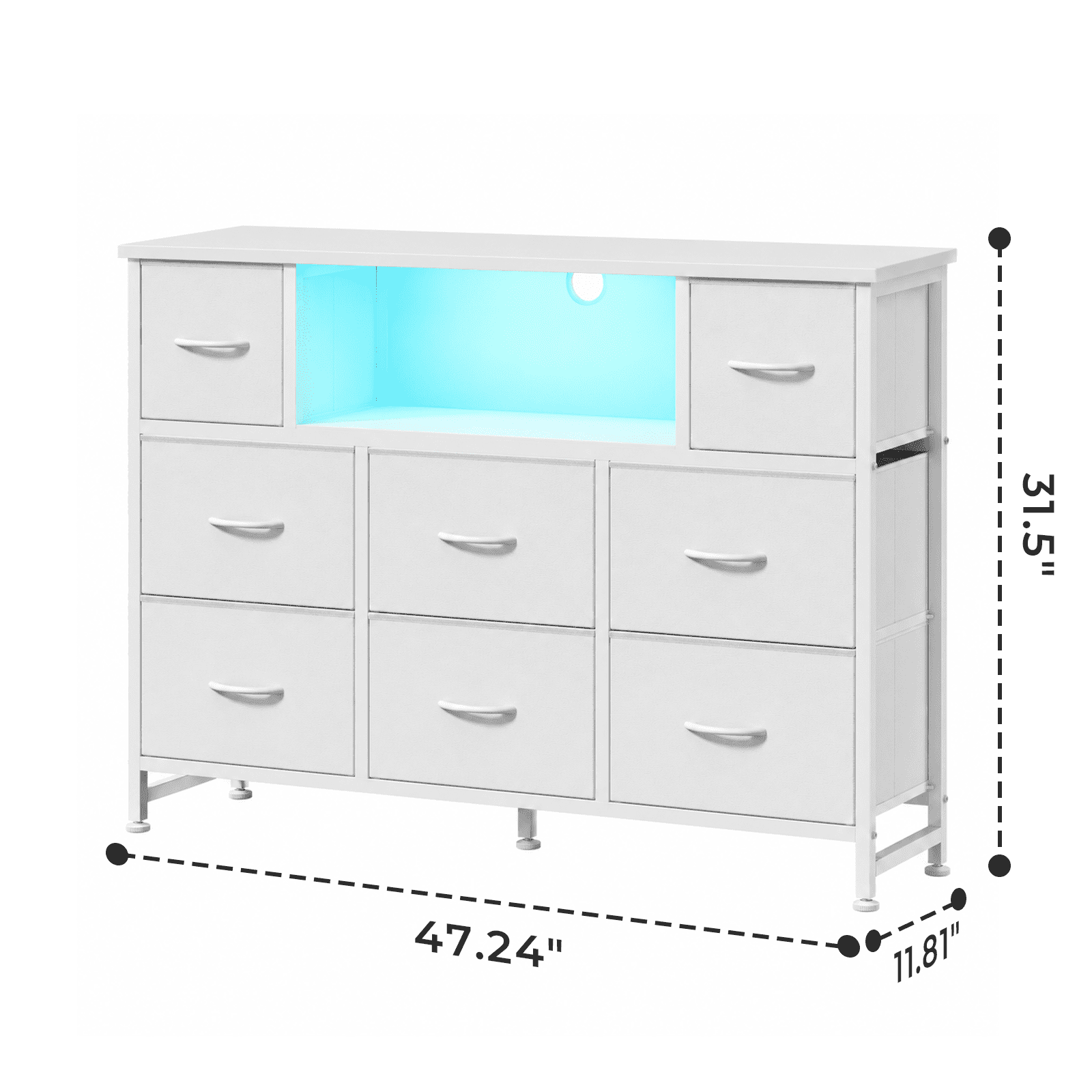 Alvantor Dresser TV Stand for 45, 50, 55 inch TV, Entertainment Center with LED Lights & Charging Station, Chest of Drawers with 8 Fabric Drawers and Open Shelves for Living Room, Hallway, Wood Top