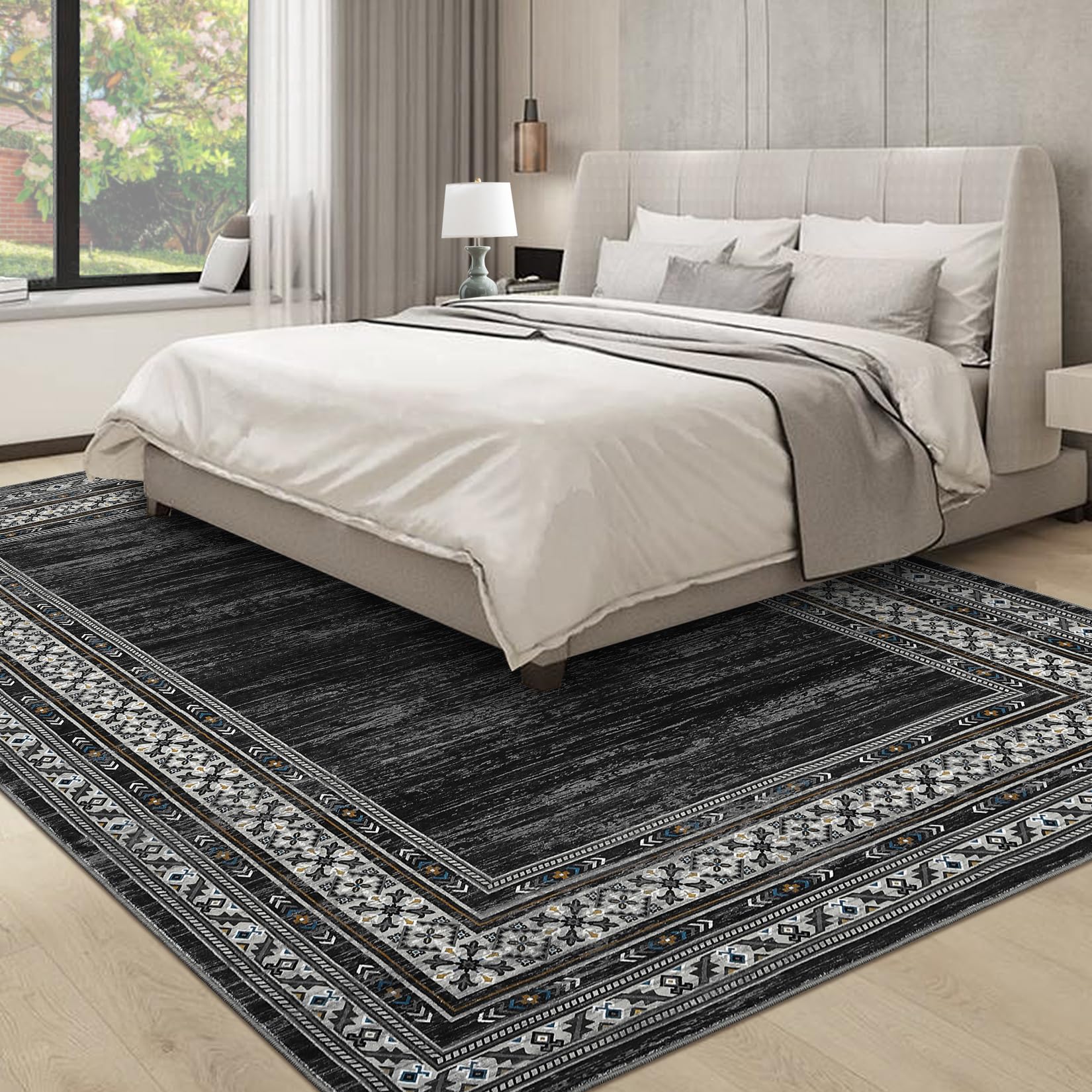 Washable 10x13 Area Rugs for Living Room, Soft Large Modern Bedroom Rugs, Ultra Thin Non Slip Accent Carpet for Dining Room, Low Pile Non Shedding Floor Cover Mat for Nursery Office, Black
