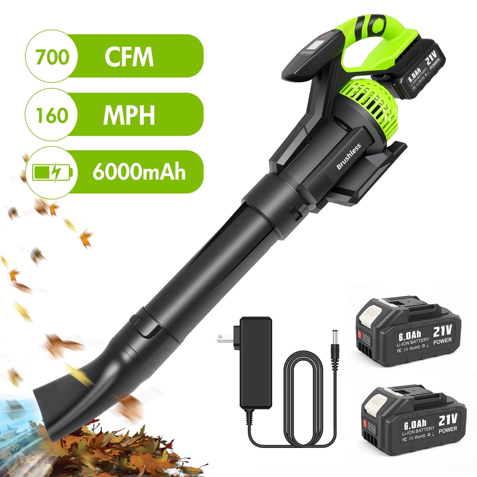 BAOKALER Cordless Leaf Blower,700CFM Brushless Leaf Blower with 6AH Battery and Charger, Snow Blower with Detachable Tube, 4 Speed Modes and Digital Display