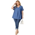 thumbnail image 2 of GRACE & GRANDEUR Blouse Femme Grande Taille Décontractée Col en V Manches Courtes Chambray Tops, 2 of 5