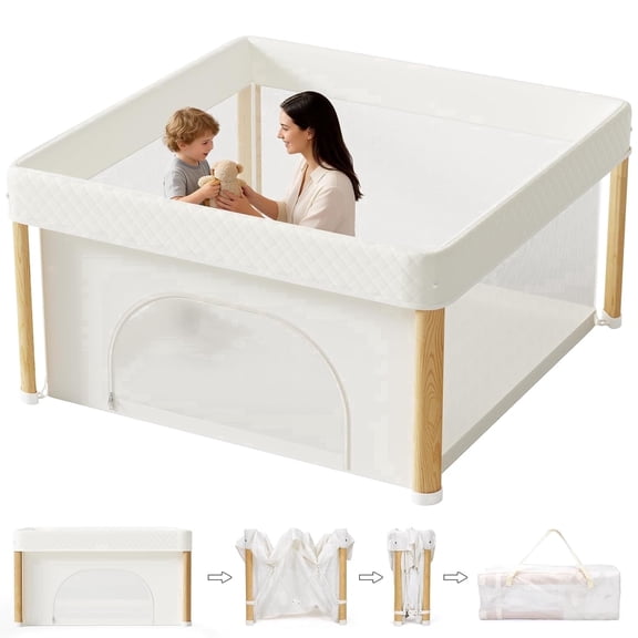 PRVAETU 59"x59"x27" One Step Foldable Baby Playpen for Newborn and Toddlers, Portable Folding Play Yard with Storage Bag for Babies Boys Girls,White