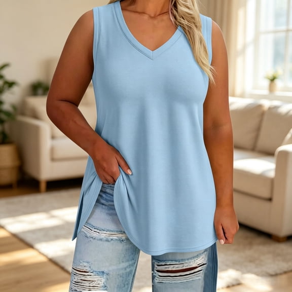 ZunFeo Women's Plus Size Tank Tops– V-Neck Sleeveless Casual Top with Side Slit– Loose Fit Summer Tee XL-5XL