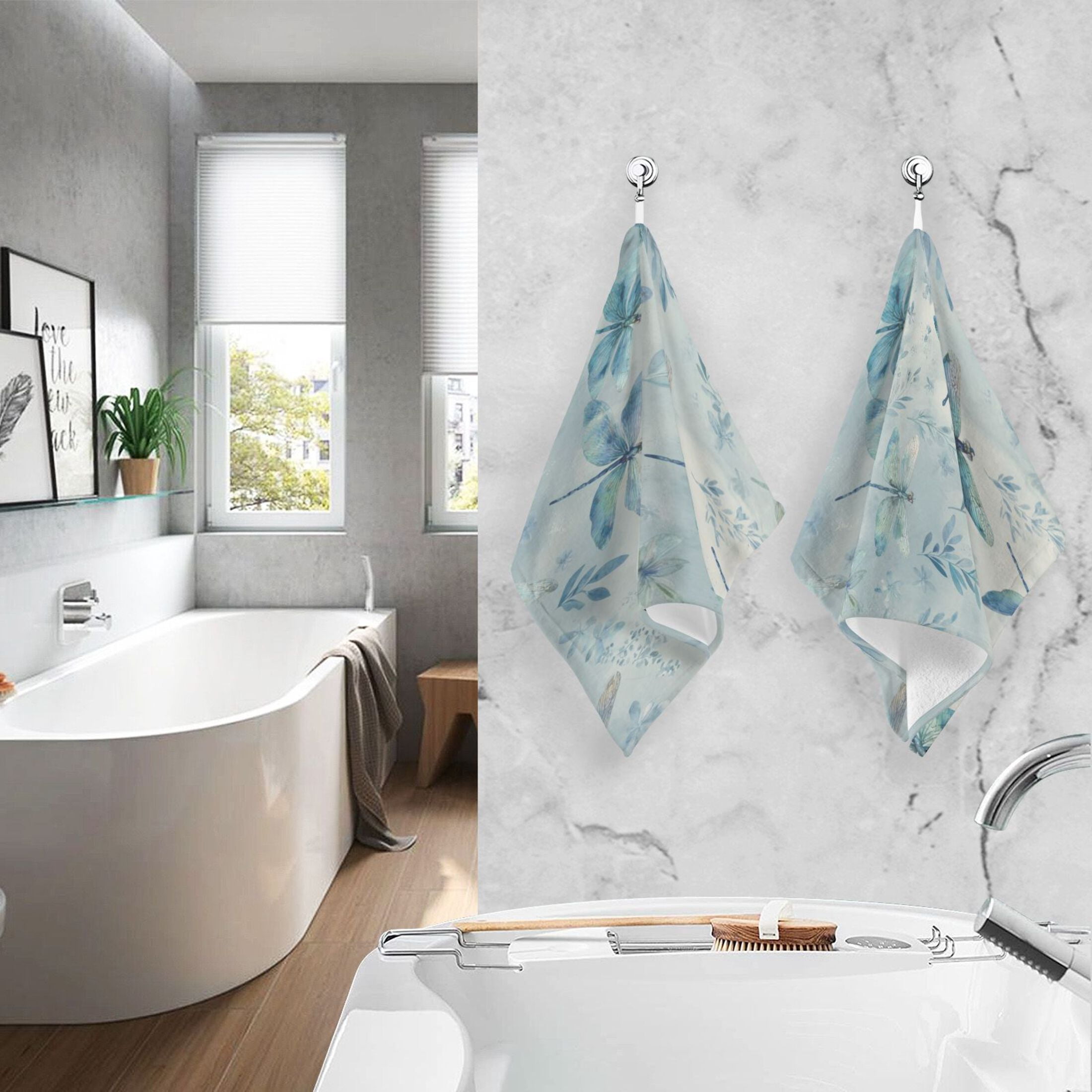 2 Pcs Hand Towels Sets Delicate Dragonflies Pattern Cotton Towel Set Absorbent Face Towel for Bathroom Kitchen Shower Hotel Decor
