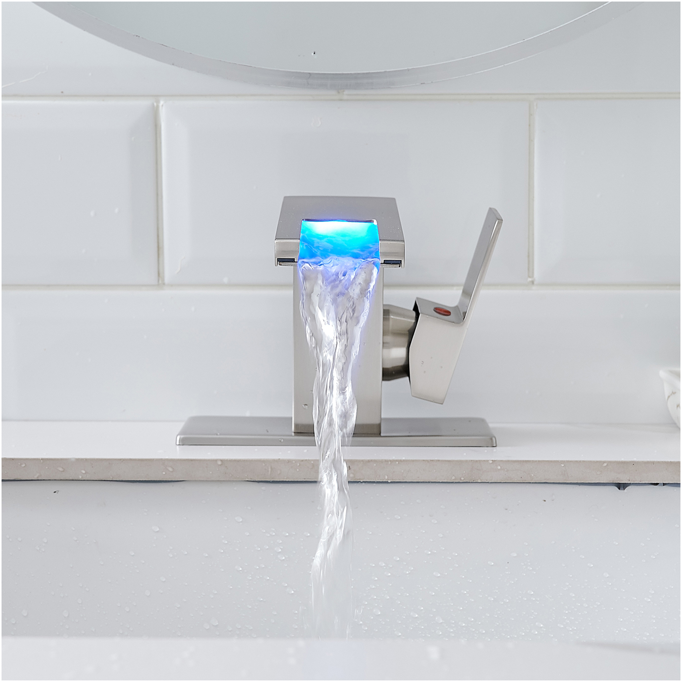 JERFIT LED Waterfall Bathroom Sink Faucet, Single Handle Single Hole Deck Mount Brushed Nickel, Temperature Changing Light