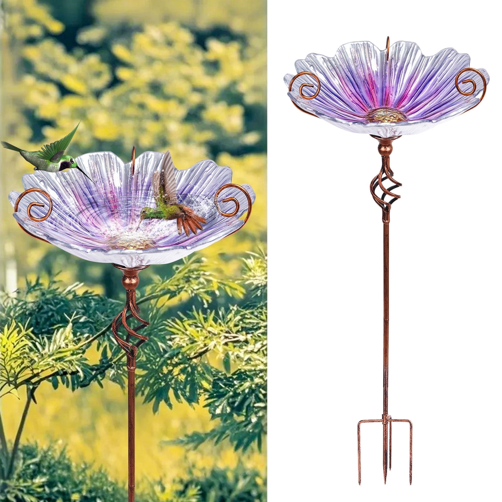 Bird Baths,Glass Birdbath with Metal Stand Purple Flower Birdbath Attracting Birds Suit for Garden Lawn Yard Decor