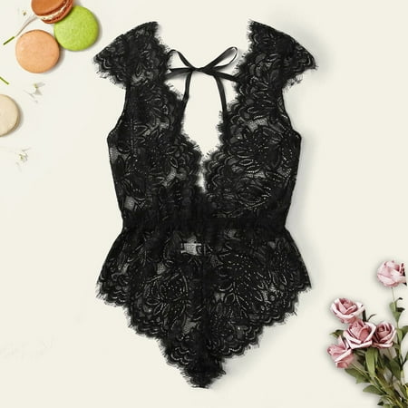 Sentmoon Sexy Lingerie for Women New Women Sexy V-Neck Eyelash Floral Lace Teddy Bodysuit Nightwear Jumpsuit Women s Lingerie  Sleep & Lounge Valentines Day Gifts for Her Up to 40% Off