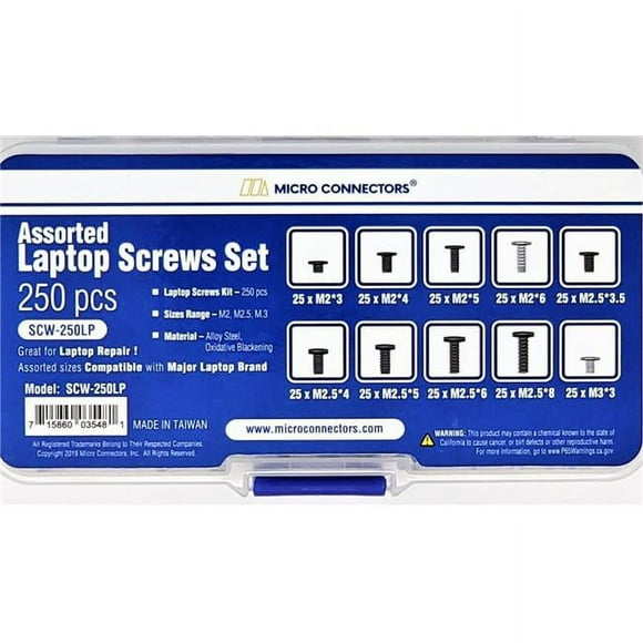Micro Connectors SCW-250LP Assorted Laptop Scews Set - 250 Piece