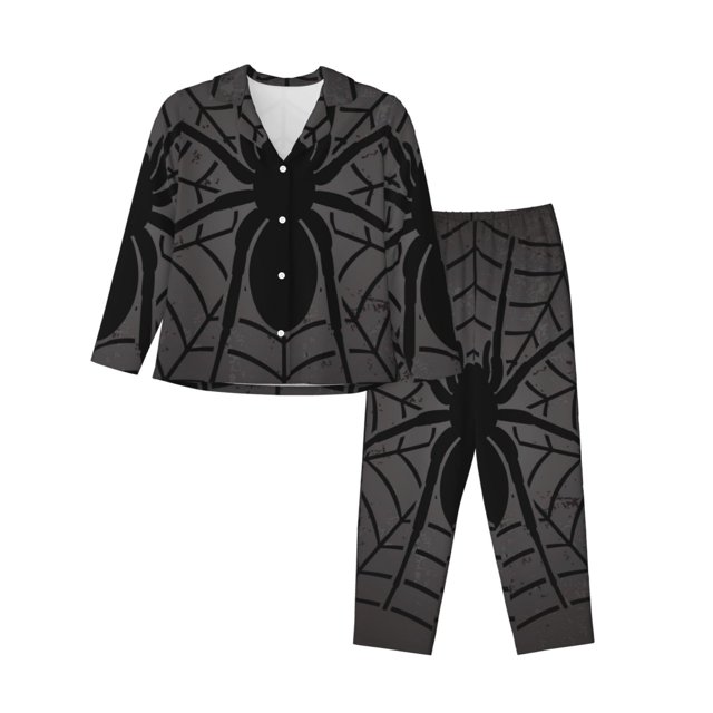 Balery Black Spider On Web 1 Conjunto de Pijama con Estampado para Mujer, Conjunto de Dos Piezas con Manga Larga, Ropa de Dormir Suave con Bolsillos, Pijamas Cómodos-Medium