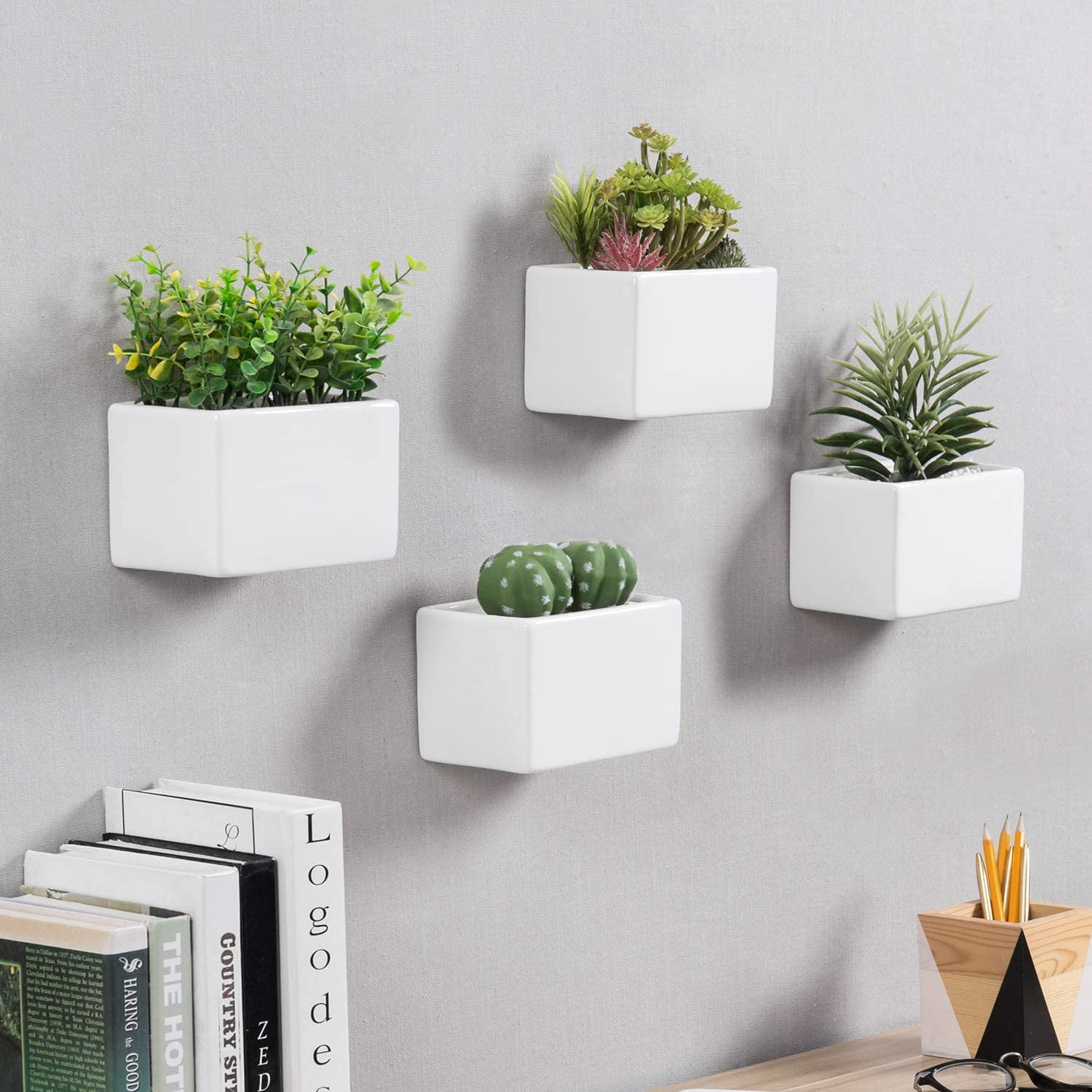 MyGift 4 Piece Modern Wall Hanging Ceramic Planter, White