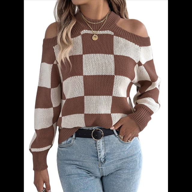 Suéter Vintage de Punto Y2K de Larga con Hombros Descubiertos y Cuadros en Bloques de Color para Mujer. Color Café XL