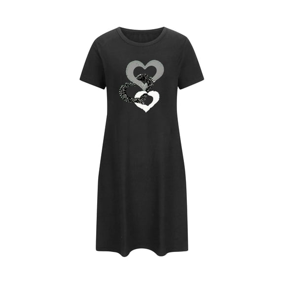 QSAWXQZ Women's Valentine's Mini Dress Short Sleeve Crewneck Heart Graphic Pullover Loungewear Dress for Summer Black M