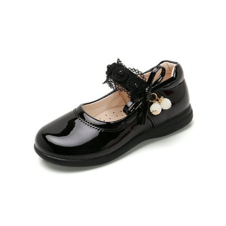 

UKAP Girls Princess Shoe Magic Tape Flats Ankle Strap Mary Jane Sandals Soft Sole Flat Shoes Girl s Bow Closed Toe Black 9.5C