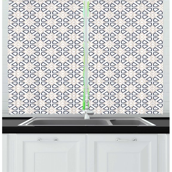Orient Kitchen Curtains, Ethnic Traditional Folk Ornamental Style Star Shapes Geometric Print, Two Panels Drapes with Rod Pocket Room Decor, 55" X 45", Dark Violet Blue and Beige, by Ambesonne