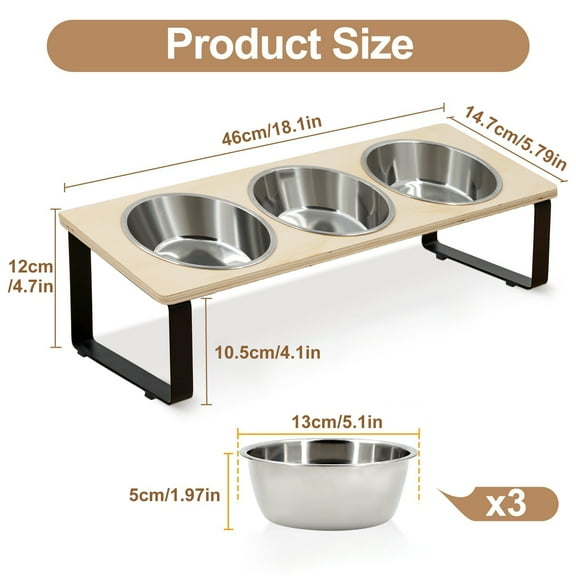 Elevated Cat Bowls Feeder 15 ° Tilted Raised Feeding & Watering Supplies Pet 3 Stainless Steel Bowls with Stand for Cats Puppies