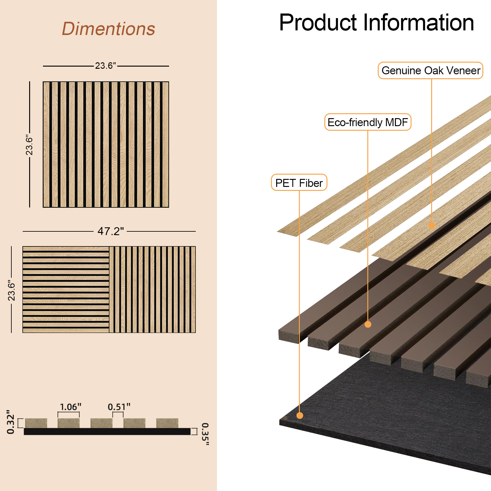 UNISOAR 23.6" x 23.6" Genuine Wood Veneer Acoustic DIY Wall Panels 3D Slat Decorative (4 Pcs)