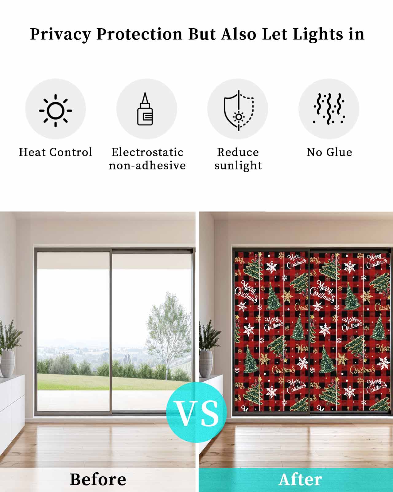 Christmas Window Privacy Film Stained Glass Window Film Decorative Windows Cover Static Windows Cling for Glass Door Pine Tree Gold White Snowflake Red Black Plaid Stickers for Bathroom 23.6"x59"