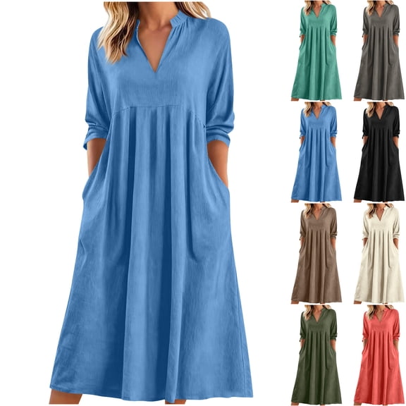 Horkkom Summer Dresses for Women V Neck Pleated Maxi Dresses Casual Loose Long Dresses with Pockets L