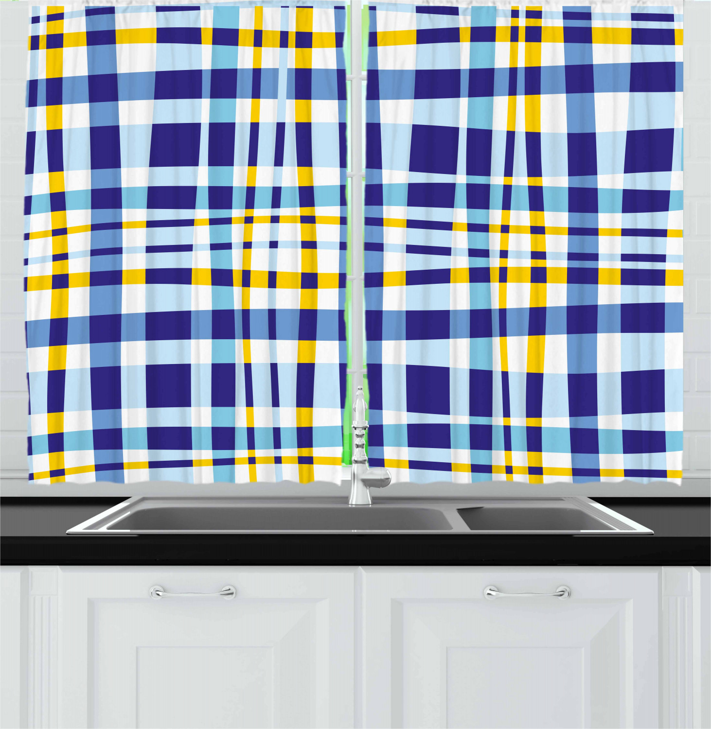 Yellow and Blue Curtains 2 Panels Set, Retro Scottish Checkered Tartan