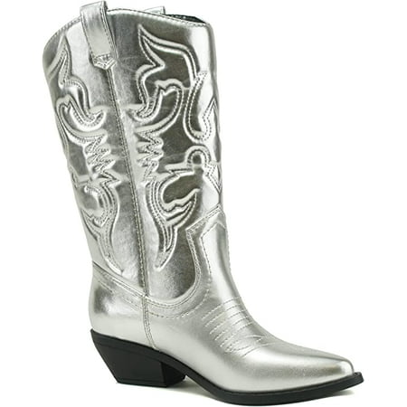 

Soda Women Cowgirl Cowboy Western Stitched Boots Pointy Toe Knee High Reno-S Metallic Silver 8