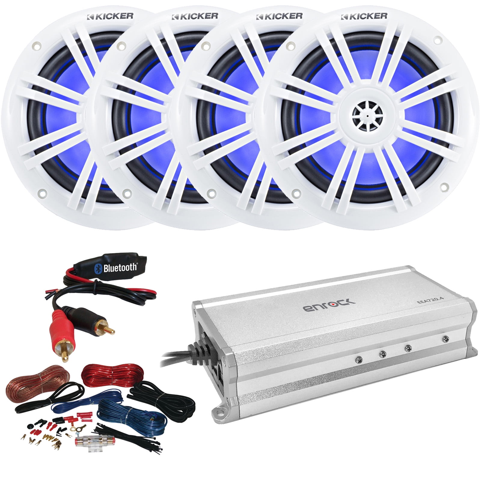 4 x Kicker 6.5" Marine Boat 150W FullRange Coaxial Blue LED Speakers