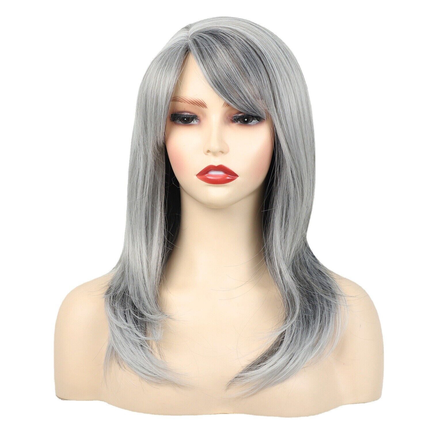 Long Gray Curly Wig with Side Bangs Medium Length Synthetic Hairpiece for Women