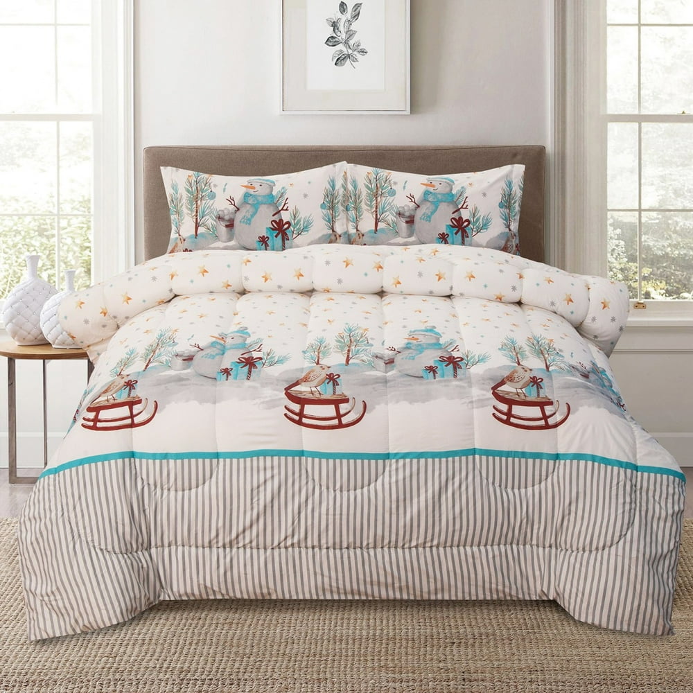 Snowman Stars Stripes Winter Holiday 3-Piece King Comforter Bedding Set ...