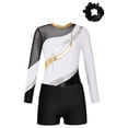 thumbnail image 5 of YONGHS Kids Girls Long Sleeve Shiny Rhinestone Gymnastics Athletic Leotard with Shorts Hair Band Set White&Black 8, 5 of 7