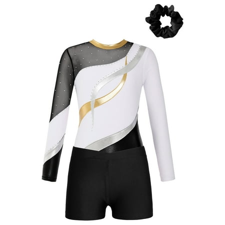 Hansber Kids Girls Gymnastic Leotard Dance Biketard Unitard Sparkly Bodysuit with Shorts Scrunchies Set White&Black 8