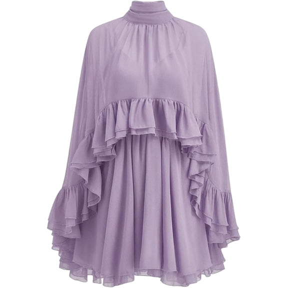 Chiffon Cape Ruffle Mini Dress for Women Semi Sheer Poncho Sleeve