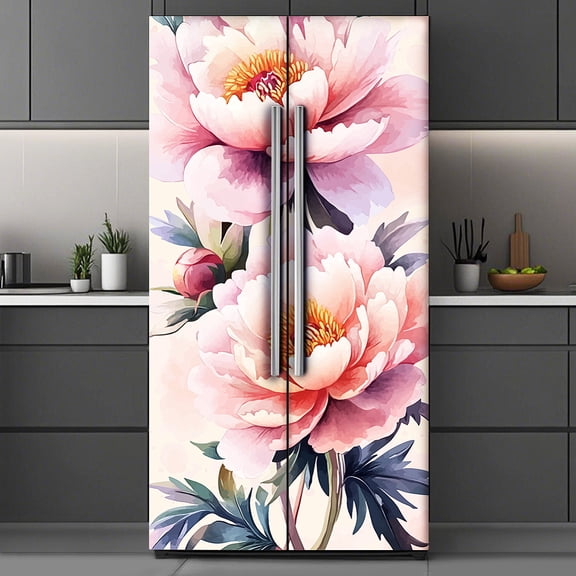 2 Pcs Pink Peony Pattern Removable Refrigerator Wraps Self-Adhesive Fridge Door Mural Vinyl Freezers Panel Cover Sticker for Kitchen Bar Decor
