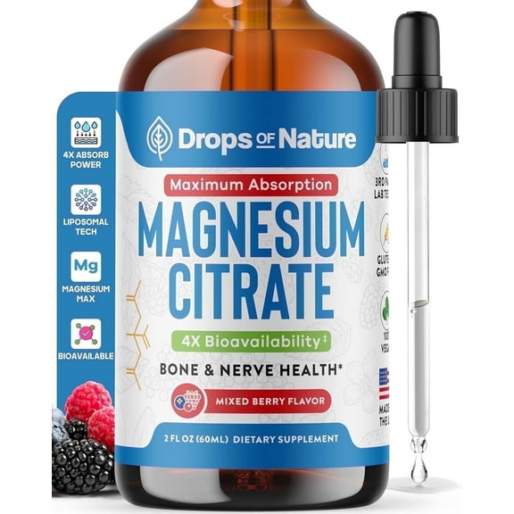 Drops of Nature Magnesium Citrate Dietary Supplement, Nerve Health Support, Mixed Berry, 2 fl oz