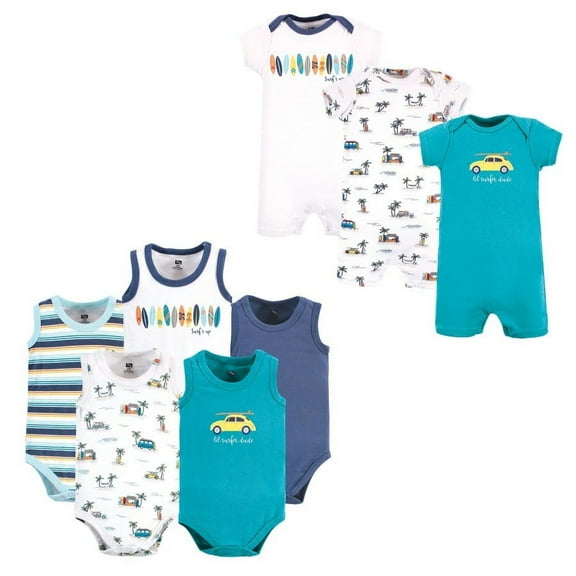 Hudson Baby Infant Boy Cotton Bodysuits and Rompers, 8-Piece, Surfer Dude, 0-3 Months