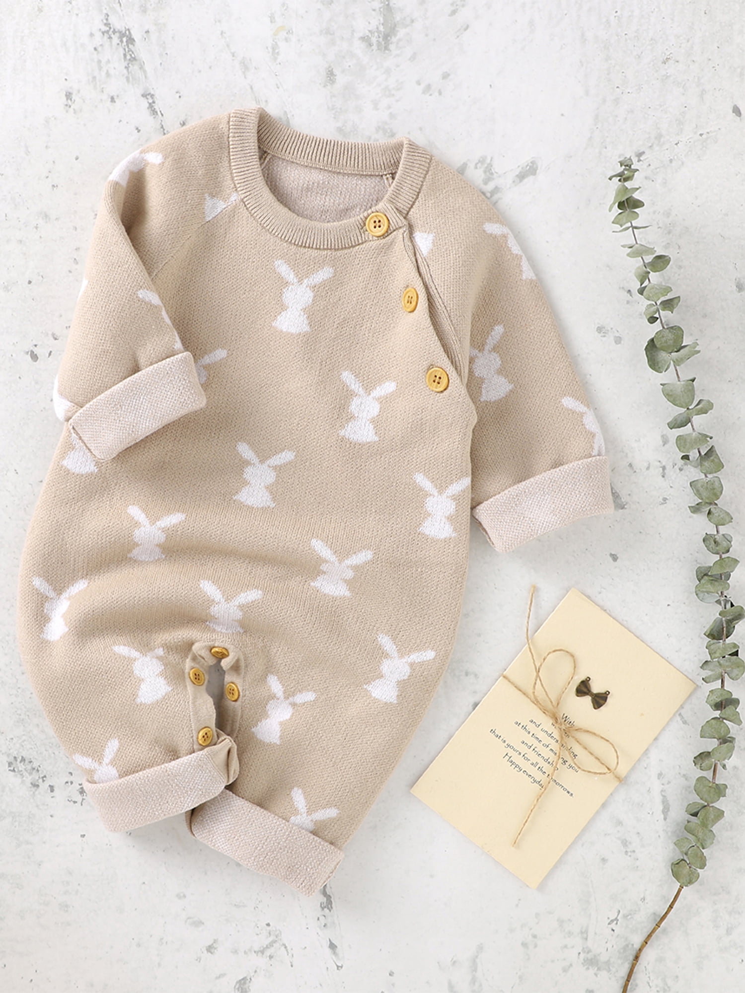 wsevypo Newborn Baby Bunny Romper Infant Knited Easter Outfits Long Sleeve Jumpsuit for Boys Girls One Piece Overall