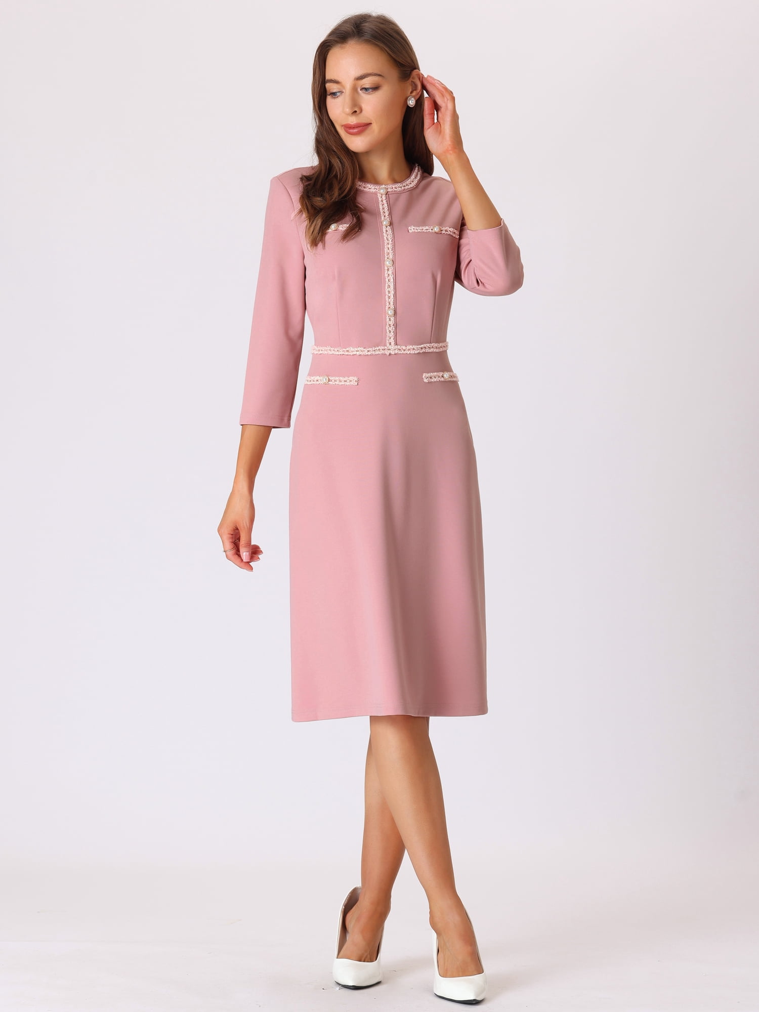 DARING DIVA Women's A-Line Contrast Color Tweed Trim Dress L Pink