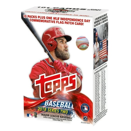 2018 Topps Baseball Series 2 Value Blaster Box Trading Cards (10 Packs/10 Cards: 1 MLB Independence Day USA Flag Patch, 5 Future Stars and 2 Legends in the Making
