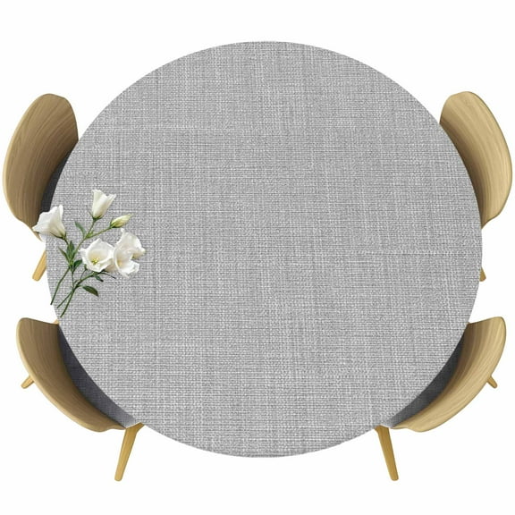 Grey Farmhouse Round Tablecloth 55-60 Inch Round Fitted Table Cloth with Elastic Edge, Vintage Country Monochrome Textured Waterproof Table Cover Protector for Outdoor Picnic Party Dining