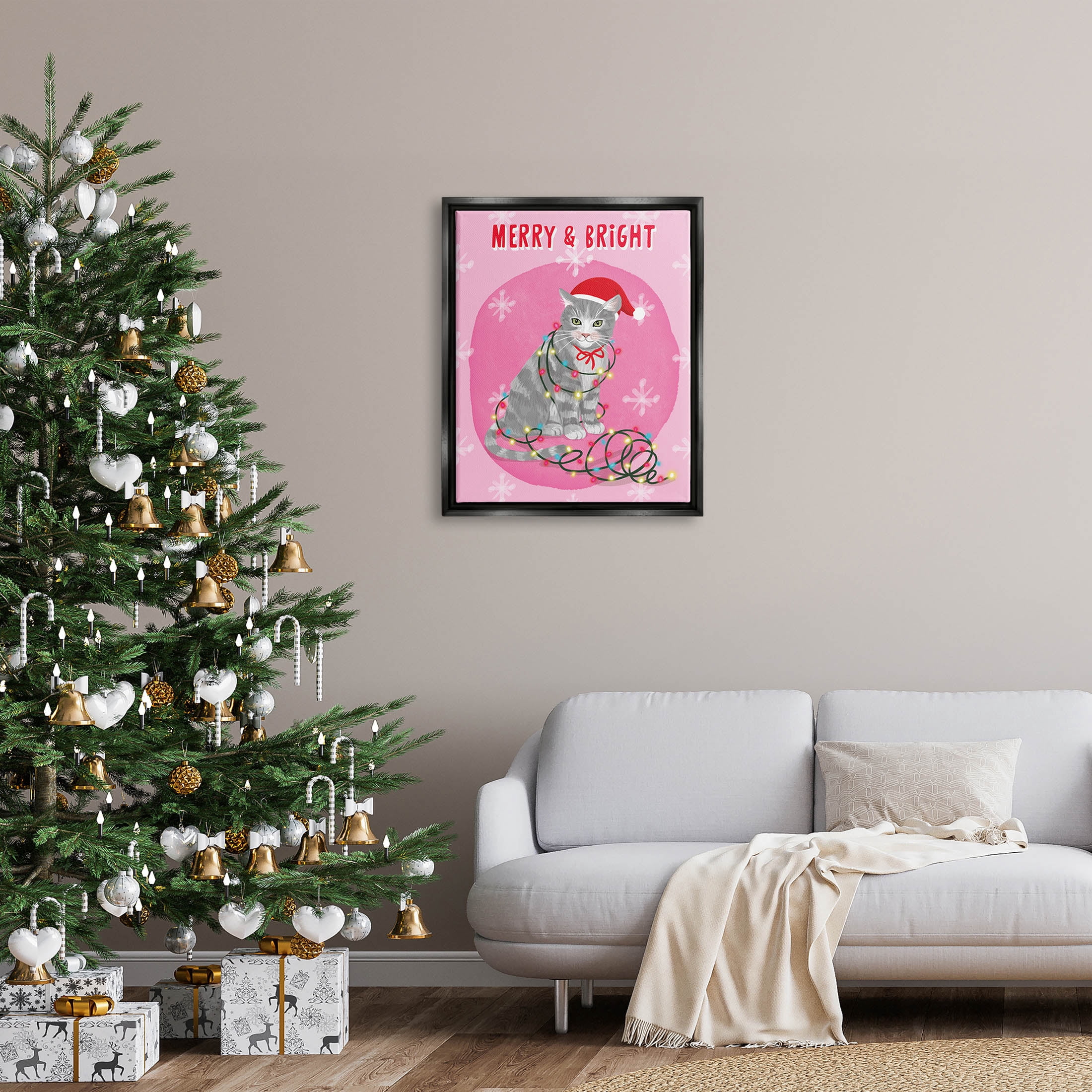 Merry & Bright Christmas Cat Holiday Graphic Art Jet Black Framed Art Print Wall Art