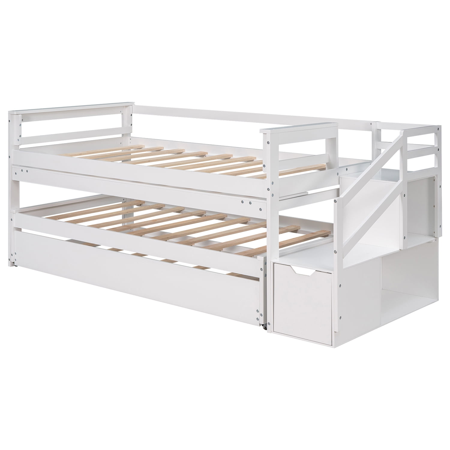 Kepooman Twin Size Daybed with Double Trundle, Flexible Shelf and Storage Staircase, White Kepooman Twin Size Daybed with Double Trundle, Flexible Shelf and Storage Staircase, White