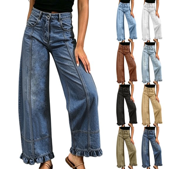 Dvprdro Womens High Waist Patchwork Flare Jeans Ruffle Hem Denim Pants with Button Detail Casual Streetwear
