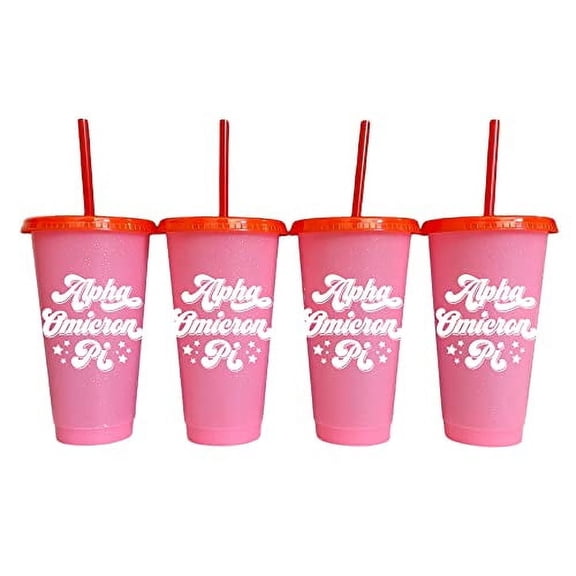 Sorority Shop Alpha Omicron Pi Glitter Color Changing Cups, 4-Pack Reusable Cups with Lids and Straws