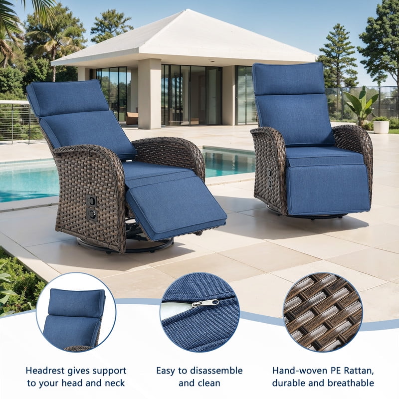 3-Piece Patio Swivel Recliner Chairs with Side Table, Outdoor Wicker Reclining Lounge Chairs with Adjustable Back and Footrest, Rattan Outdoor Furniture Set with Blue Cushions