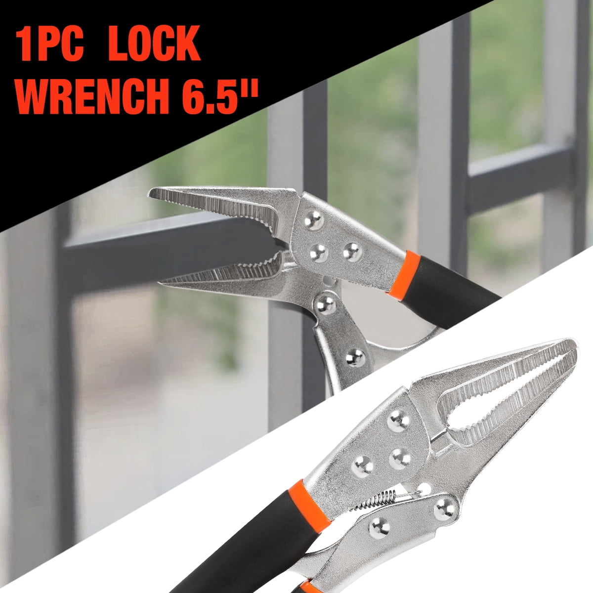 5 Piece Tool Kit, Includes Multi-Use Forged Hardened Steel Lock Jaw Wrench, Slip Joint Plier, Needle Nose Plier, Long Nose Plier, and Adjustable Wrench, 1 Set, Orange/Black