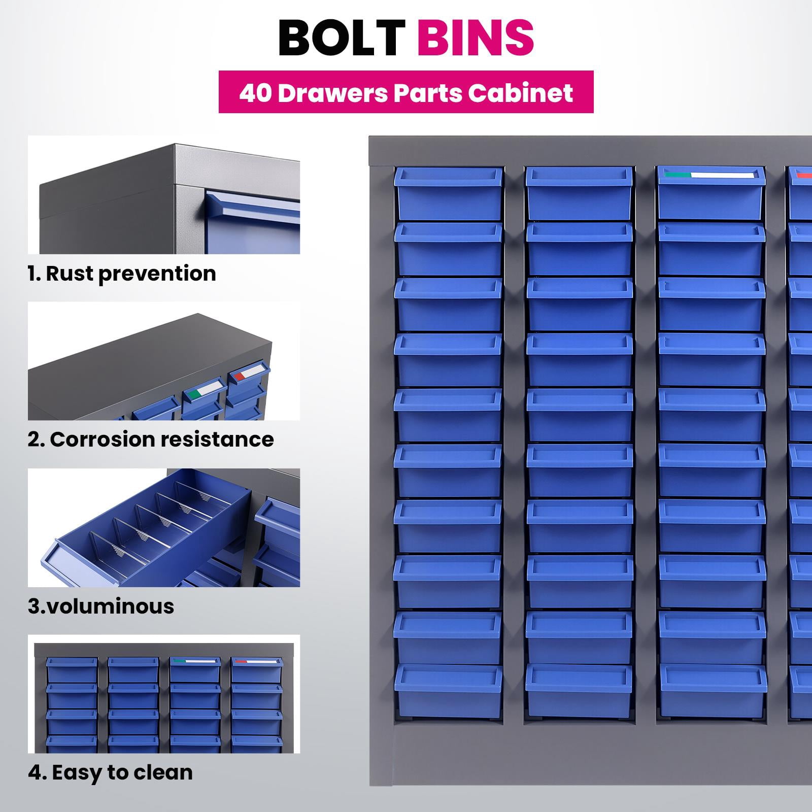 40 Drawers Bolt and Nut Tool Storage Cabinet with Shelves & Labels, Tool Organizer Bolt Bins Organizer, Blue, 21lbs, Nut and Bolt Organizer for Auto Repair Shop, Factory