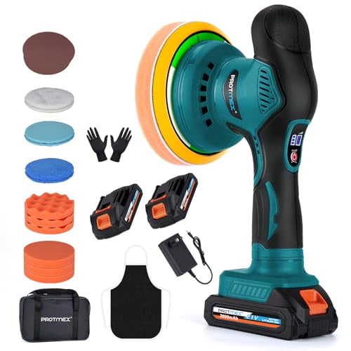 (Open Box) PROTMEX CORDLESS CAR BUFFER POLISHER W/ 2X2000MAH 21V BATTERIES, 21V - BLUE