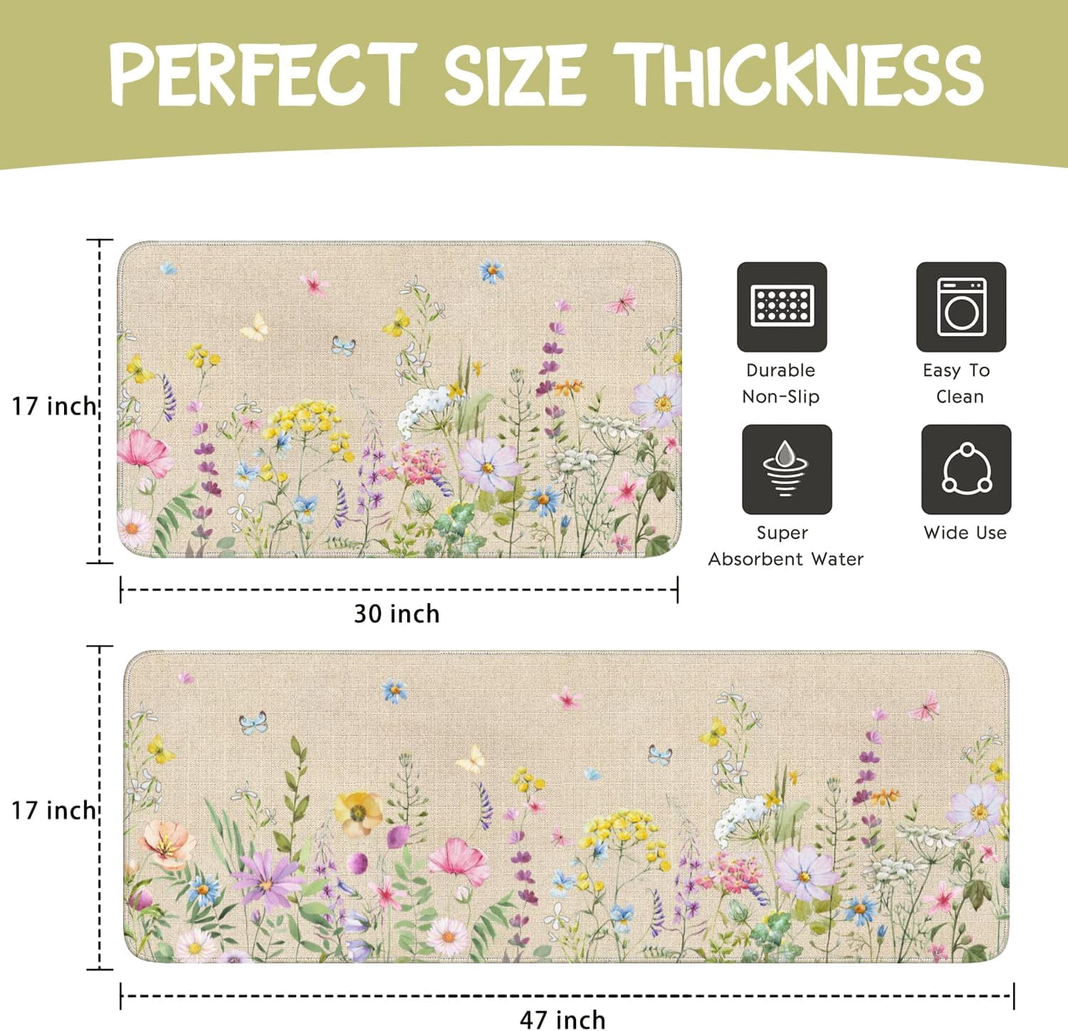 Spring Summer Farmhouse Kitchen Rugs and Mats Set of 2,Watercolor Flower Floral Kitchen Mat,Non Slip Washable Kitchen Floor Sink Mats Decorations for Home Kitchen 18"x48"+18"x30"