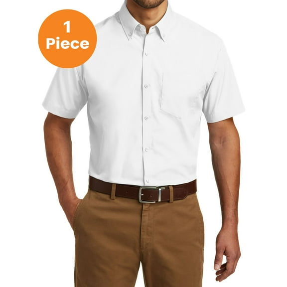 Port Authority W101 Short Sleeve Carefree Poplin Shirt, White, 4XL, Mens Casual Button Down Shirts