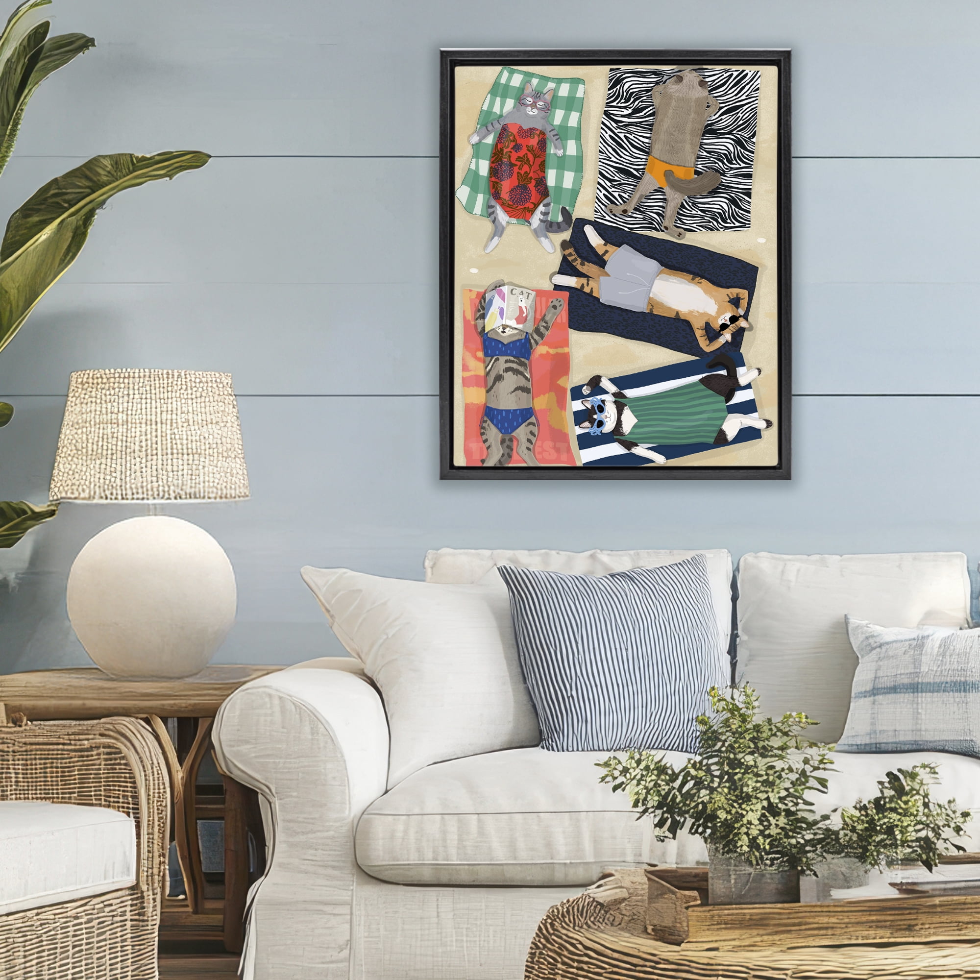 Stupell Industries Summer Sunbathing Cats Black Framed Floater Canvas Wall Art, design by Hanna Melin