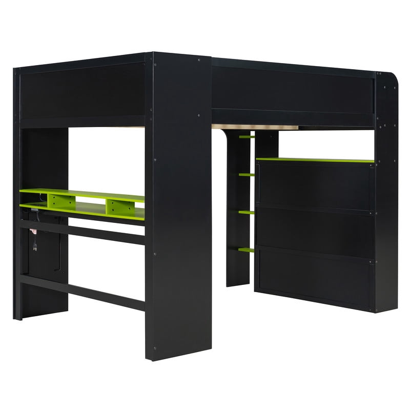 Full Size Wood Loft Bed with Desk, Wardrobe and Storage, Height Adjustable Gaming Loft Bed with USB Charging Port, RGB LED Light Strip, PC Tower Space and Shelves for Bedroom
