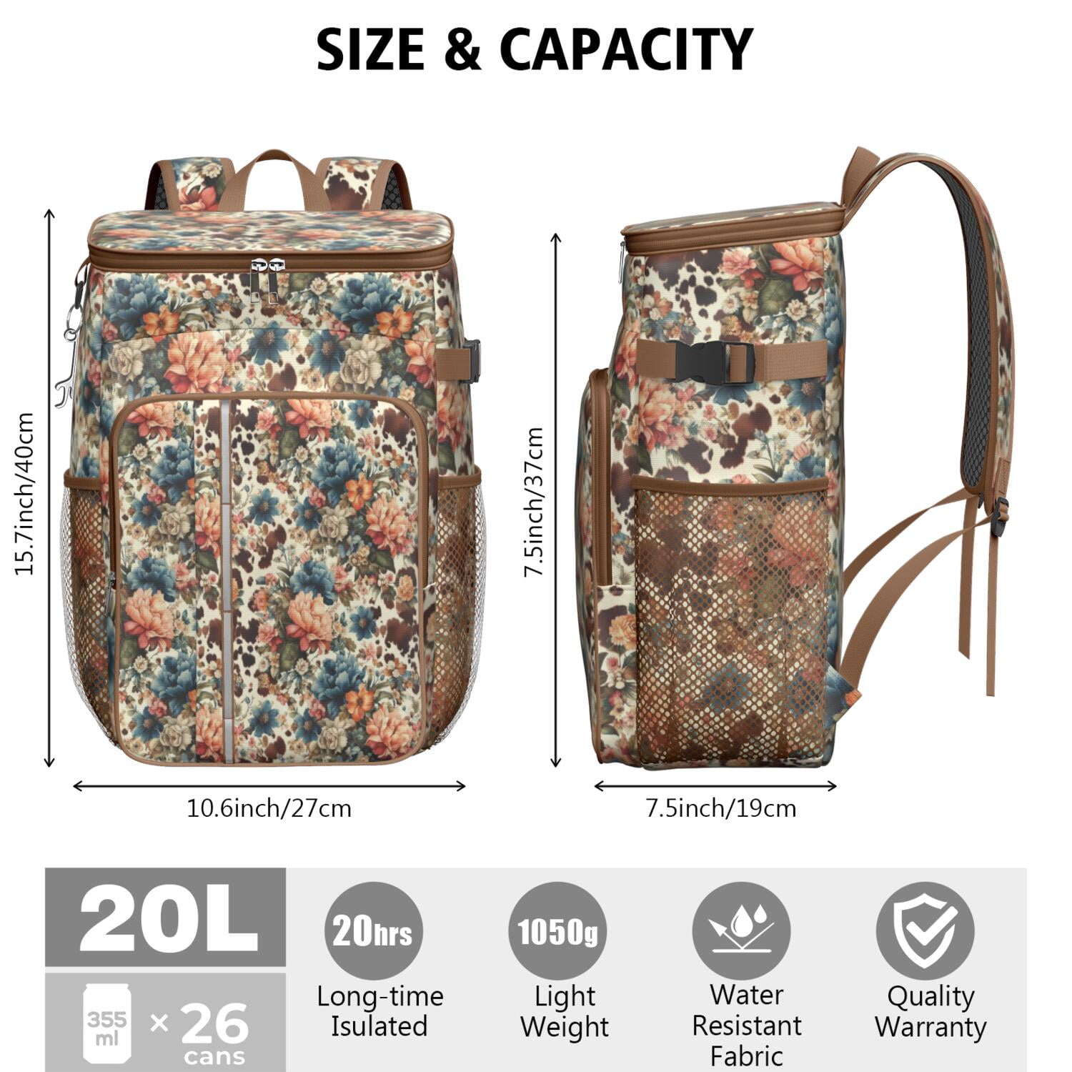 Travel Cooler Bag - Pioneer Flower Floral Print Pattern Camping Beer Cooler Backpack with Bottle Opener- Waterproof Insulated Picnic Backpacks - Cooler Bag for Beach